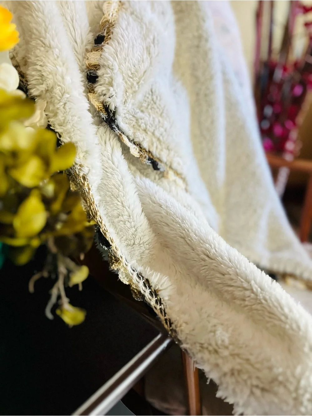 Plush White Sherpa Throw Blanket with Decorative Trim